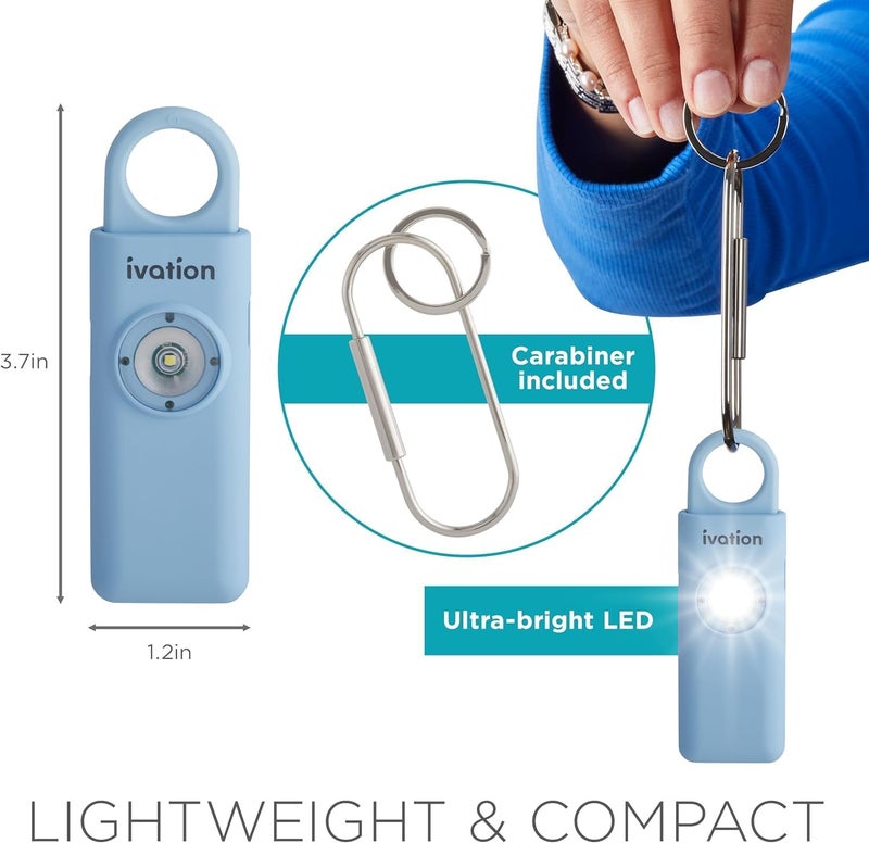 Ivation Personal Rechargeable SOS Alarm, Pocket Size Loud 130dB Sound Safety Siren & LED Panic Strobe Light with Carabiner Keychain Clip for Women, Children & Seniors, Blue - Image 5